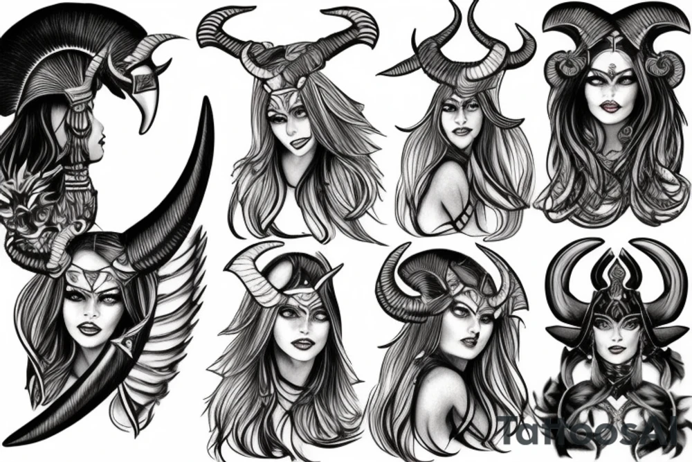 beautiful sexy woman valkyrie with ram's horns tattoo idea