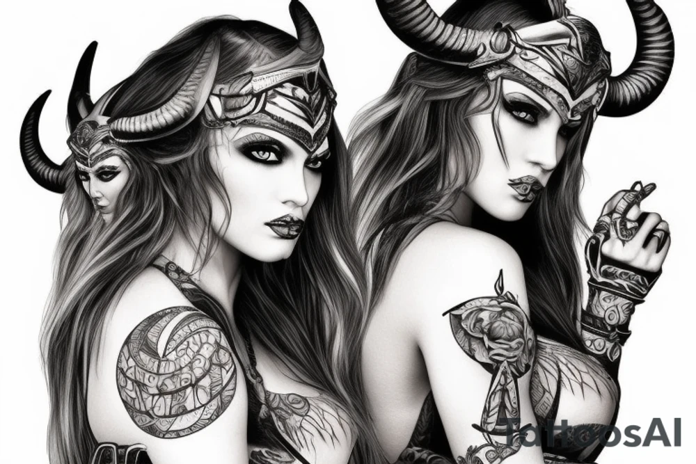 beautiful sexy woman valkyrie with ram's horns tattoo idea