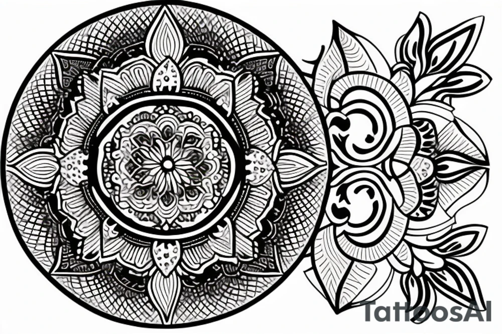 bali temple, frangipanis and hindu mandala tattoo idea