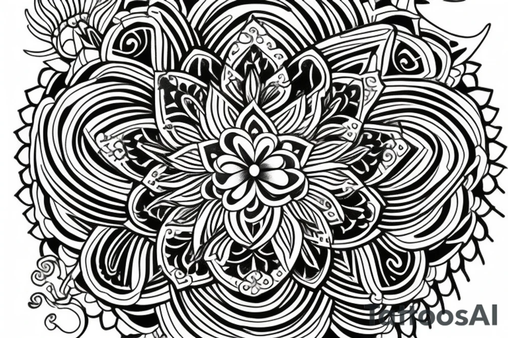 bali temple, frangipanis and hindu mandala tattoo idea