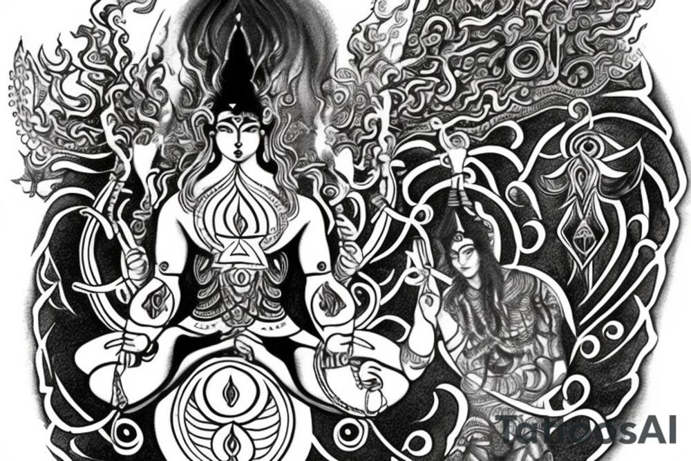 Shiva trident and shakti kahanda mix to balance the masculine and feamale energy. Showing balance, chakras and enlightening tattoo idea