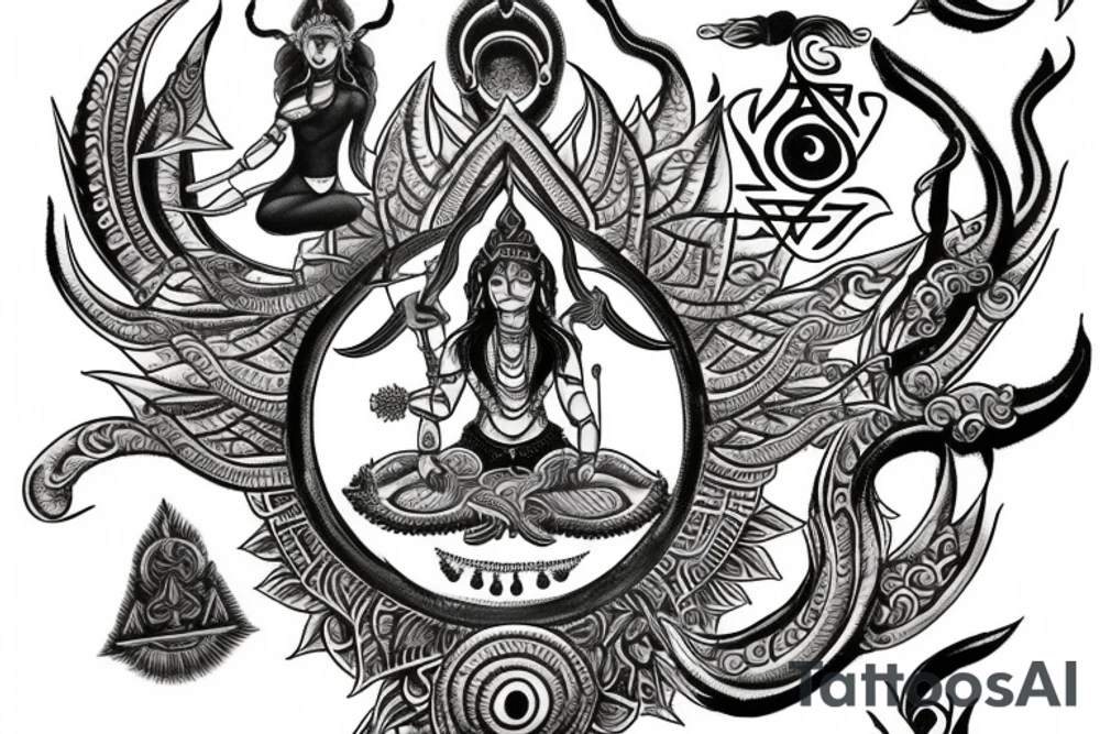 Shiva trident and shakti kahanda mix to balance the masculine and feamale energy. Showing balance, chakras and enlightening tattoo idea