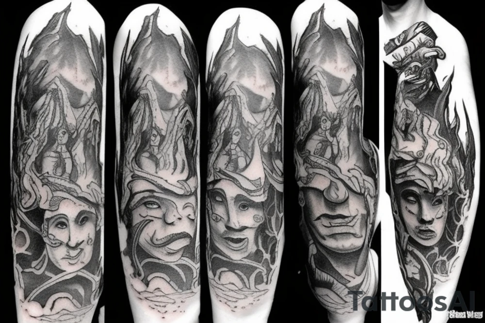 A VOLCANO and three figures in robes tattoo idea
