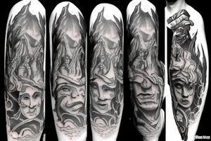 A VOLCANO and three figures in robes tattoo idea