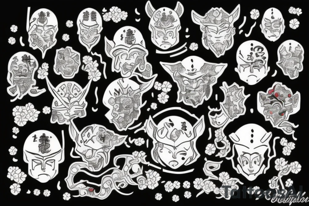 Oni with a Mandel and a samurai with flowers behind tattoo idea