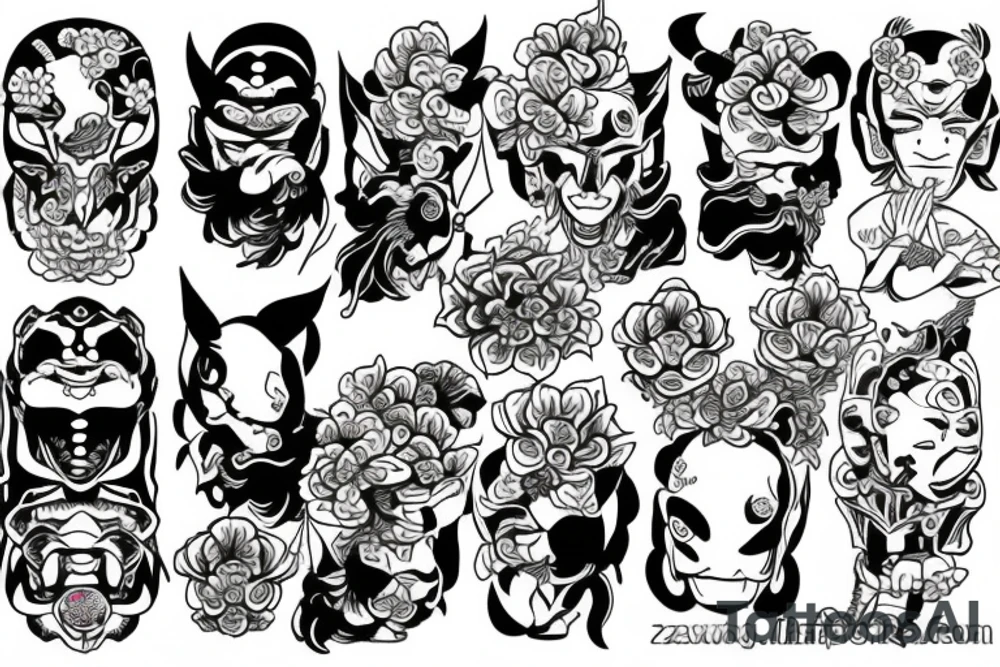 Oni with a Mandel and a samurai with flowers behind tattoo idea