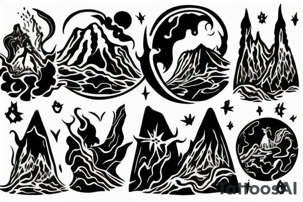 A VOLCANO and three figures in robes tattoo idea