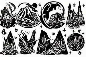 A VOLCANO and three figures in robes tattoo idea