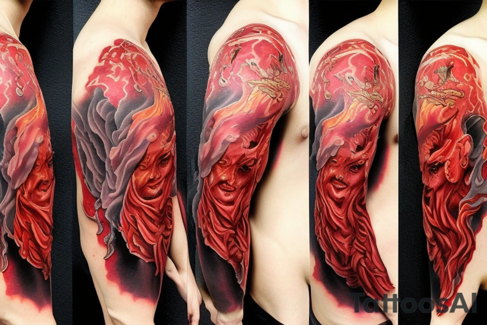 three figures in robes on the background of a red volcano tattoo idea