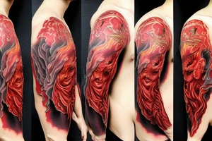 three figures in robes on the background of a red volcano tattoo idea