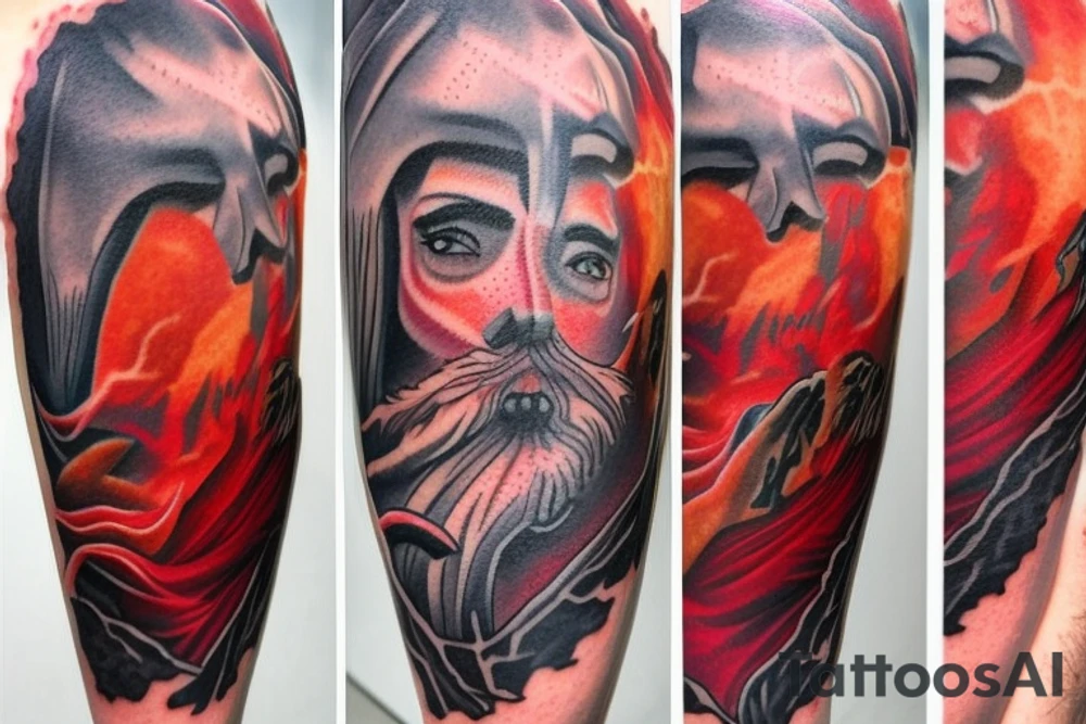 three figures in robes on the background of a red volcano tattoo idea