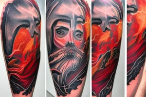three figures in robes on the background of a red volcano tattoo idea