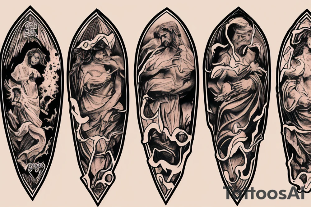 three figures in robes on the background of a volcano tattoo idea