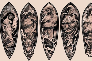 three figures in robes on the background of a volcano tattoo idea