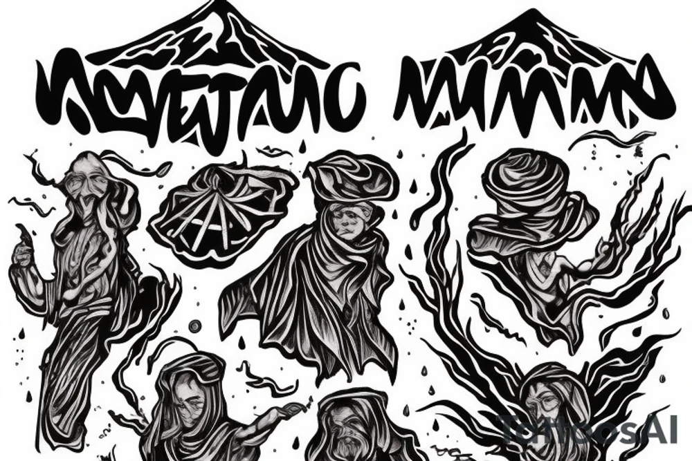 three figures in robes on the background of a volcano tattoo idea