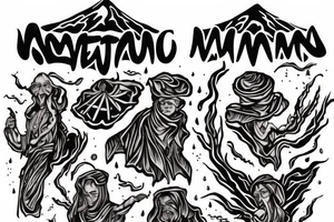 three figures in robes on the background of a volcano tattoo idea