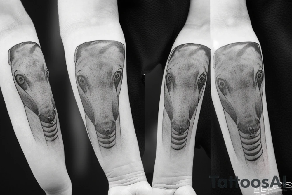 an anteater's face with tinted eyes against the ruined city of Mariupol tattoo idea