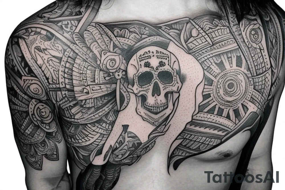 skulls, ruined city, indian mandala, guitar tattoo idea