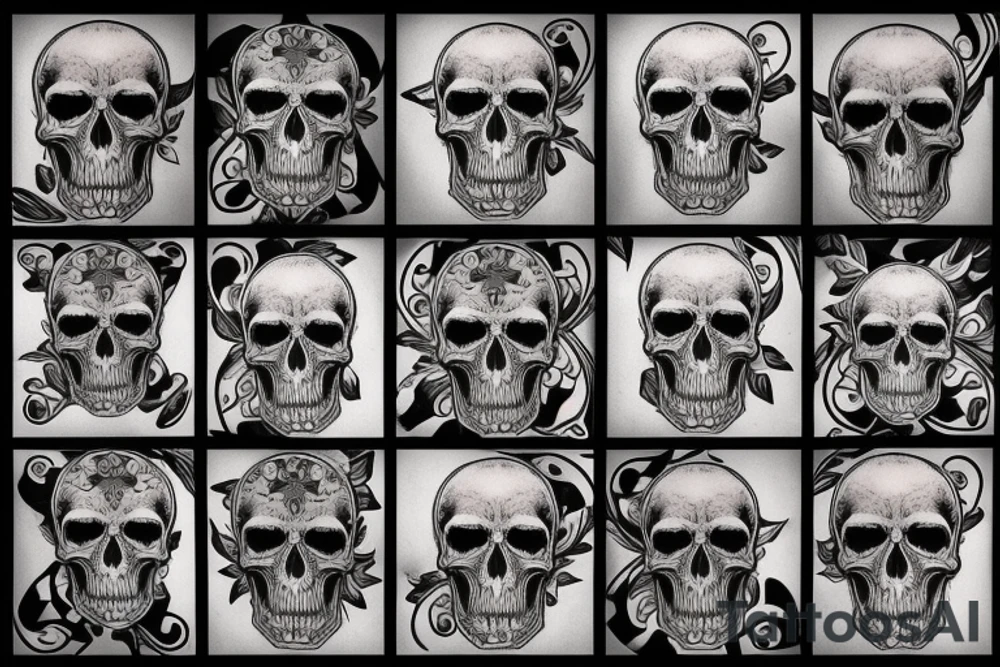 a tattoo design incorporating a skull, a destroyed city, and a mandala pattern tattoo idea