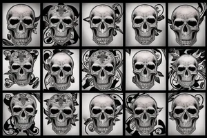a tattoo design incorporating a skull, a destroyed city, and a mandala pattern tattoo idea