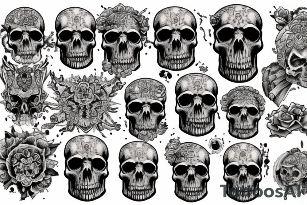 a tattoo design incorporating a skull, a destroyed city, and a mandala pattern tattoo idea