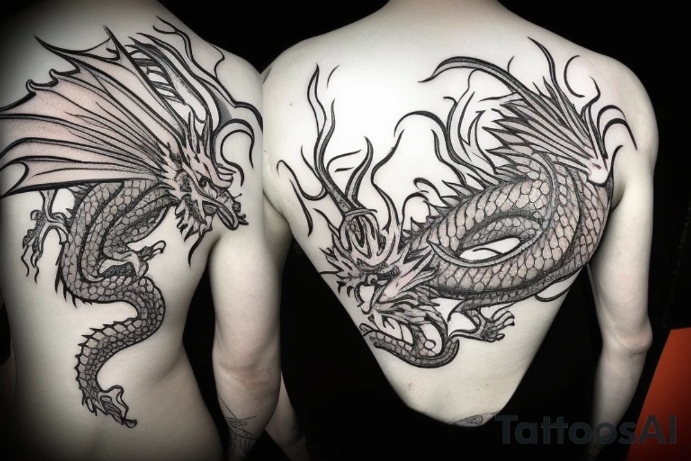 Dragon, chain, fire, sakura tattoo idea