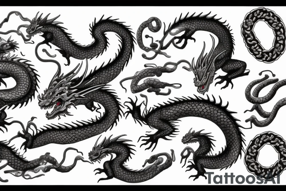 Dragon, chain, fire, sakura tattoo idea