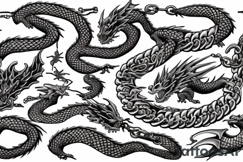 Dragon, chain, fire, sakura tattoo idea
