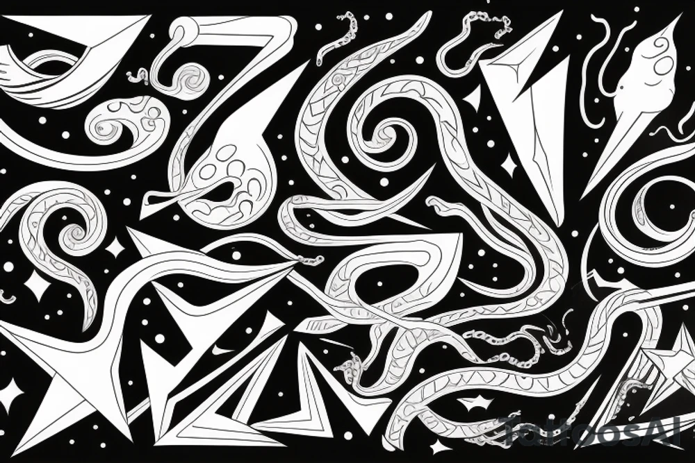 A thin smooth curved black surrealistic lines with sharp angles which looks like cosmic tentacles tattoo idea