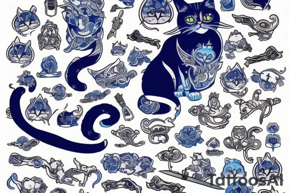 Cat in a blue kimano with a sword tattoo idea