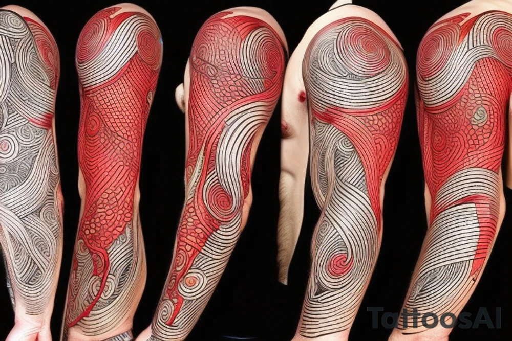 A thin smooth curved black surrealistic lines with sharp angles and red dots which looks like cosmic tentacles tattoo idea