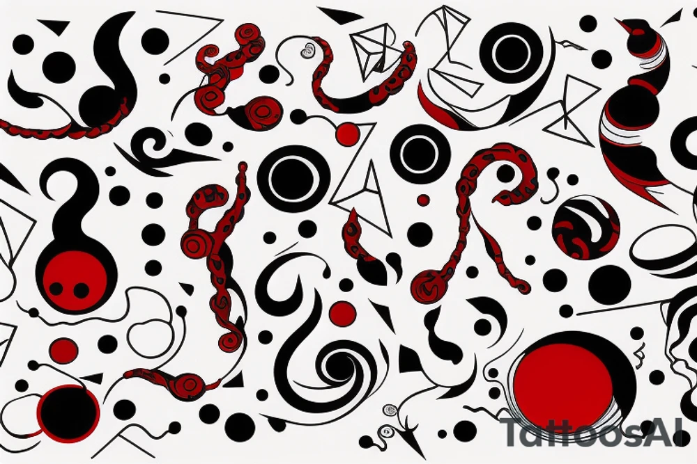 A thin smooth curved black surrealistic lines with sharp angles and red dots which looks like cosmic tentacles tattoo idea
