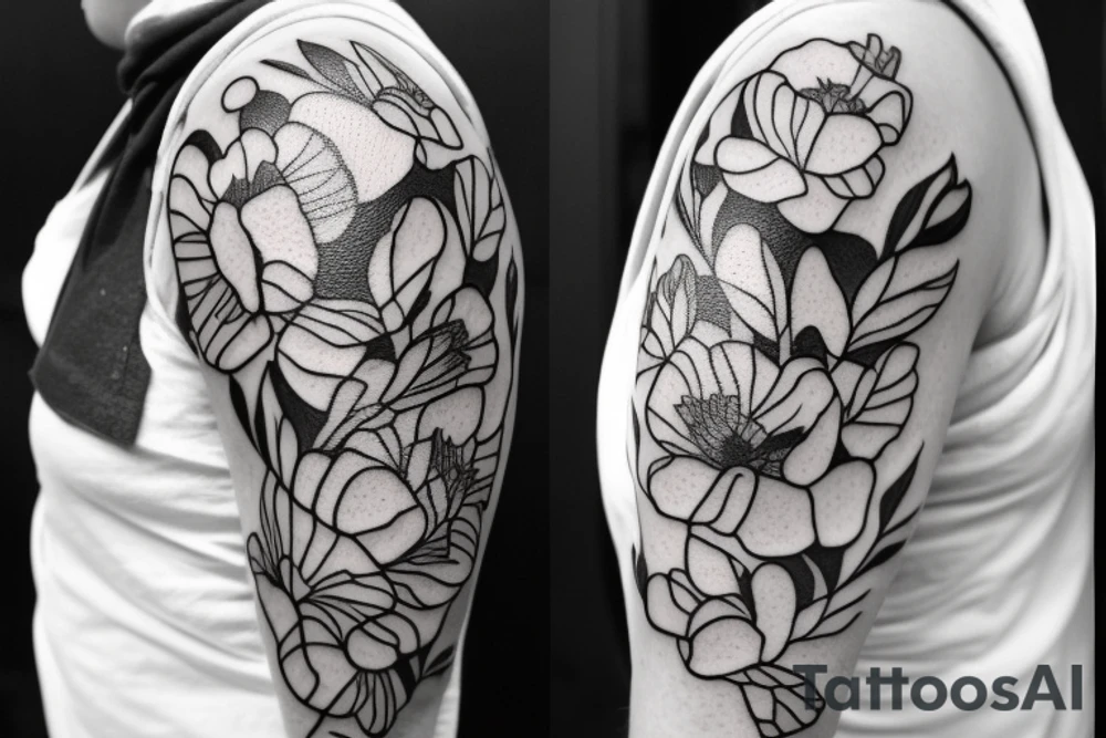 Poppy flower on a shoulder, it could be with some geometric forms or not. the other flowers can be included: magnolia. It may contain leaves of flowers. Absolute no to roses, peony and chamomile. The size is 4-5 inches. tattoo idea