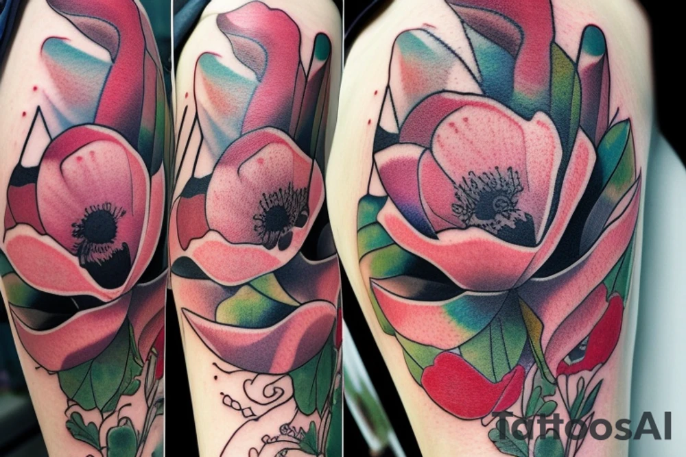 Poppy flower on a shoulder, it could be with some geometric forms or not. the other flowers can be included: magnolia. It may contain leaves of flowers. Absolute no to roses, peony and chamomile. The size is 4-5 inches. tattoo idea