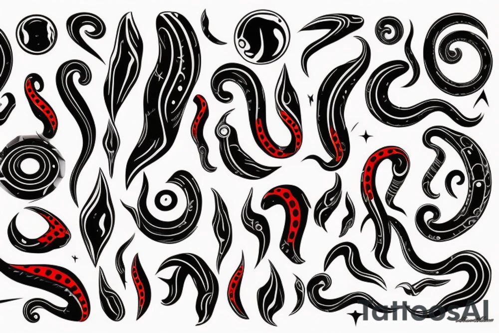 A thin smooth curved black surrealistic lines with sharp angles and red dots which looks like cosmic tentacles. tattoo idea