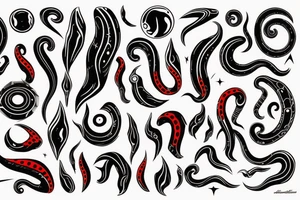 A thin smooth curved black surrealistic lines with sharp angles and red dots which looks like cosmic tentacles. tattoo idea