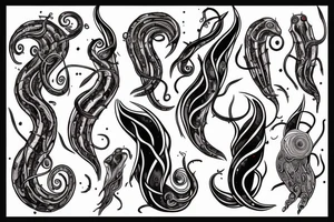 A thin smooth curved black surrealistic lines with sharp angles and red dots which looks like cosmic tentacles. tattoo idea