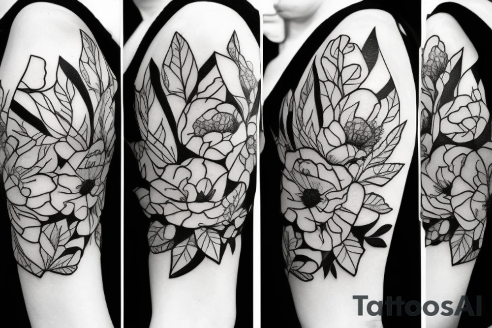Poppy and magnolia flower on a shoulder with some geometric forms. It may contain leaves of flowers. Absolute no to roses, peony and chamomile. The size is 4-5 inches. tattoo idea Poppy and magnolia flower on a shoulder with some geometric forms. It may contain leaves of flowers. Absolute no to roses, peony and chamomile. The size is 4-5 inches. tattoo idea