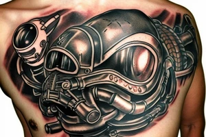 A helmet of brotherhood of steel from fallout 2 with a knife and snake around it tattoo idea