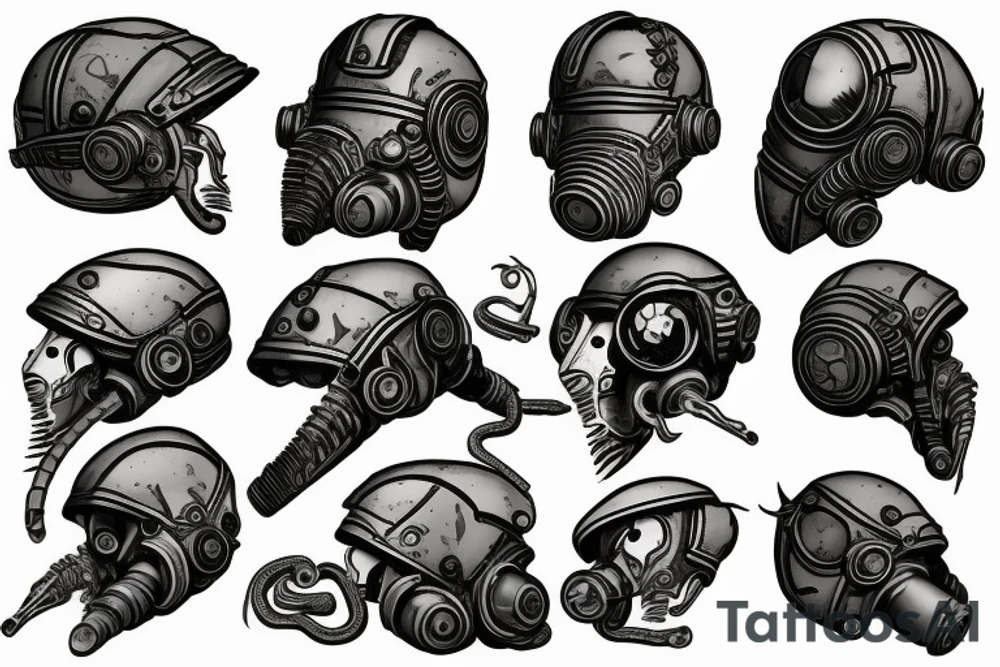 A helmet of brotherhood of steel from fallout 2 with a knife and snake around it tattoo idea