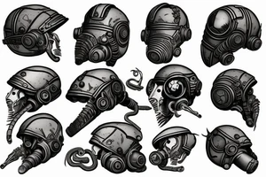 A helmet of brotherhood of steel from fallout 2 with a knife and snake around it tattoo idea