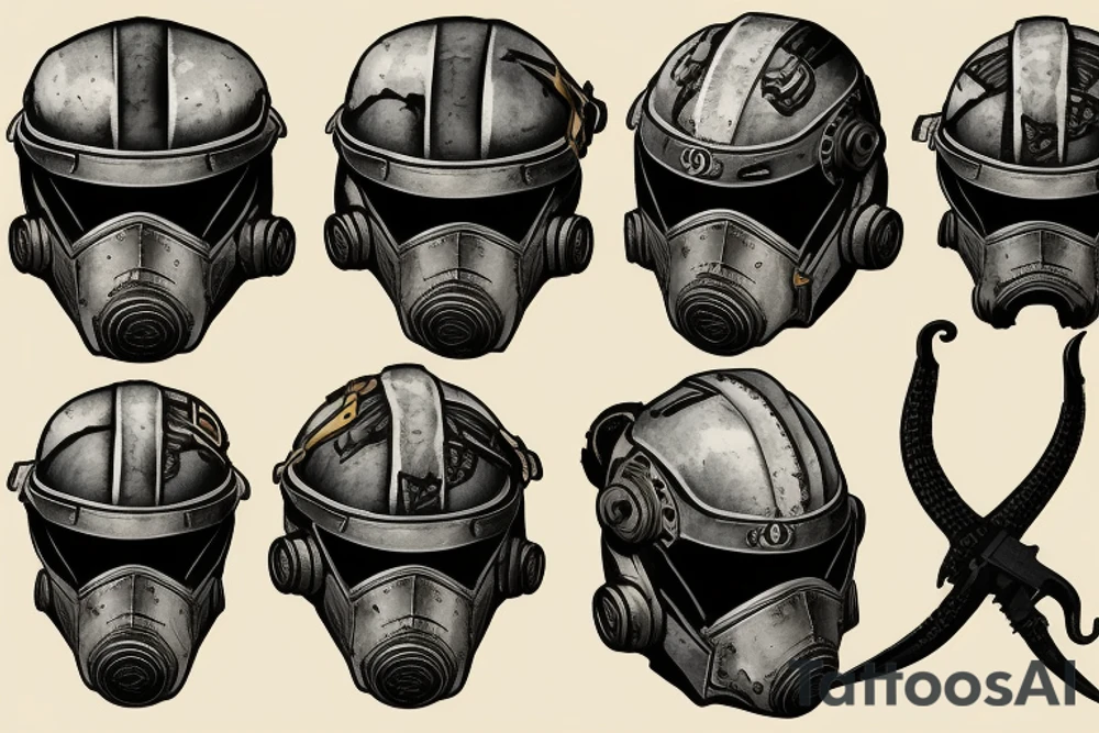 Brotherhood's of steel helmet from fallout 2, a knife and snake around it tattoo idea