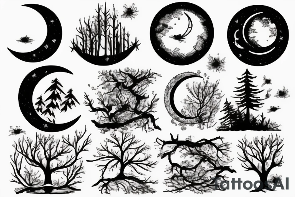 Moon, river, bonfire, natural, forest tattoo idea