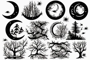 Moon, river, bonfire, natural, forest tattoo idea