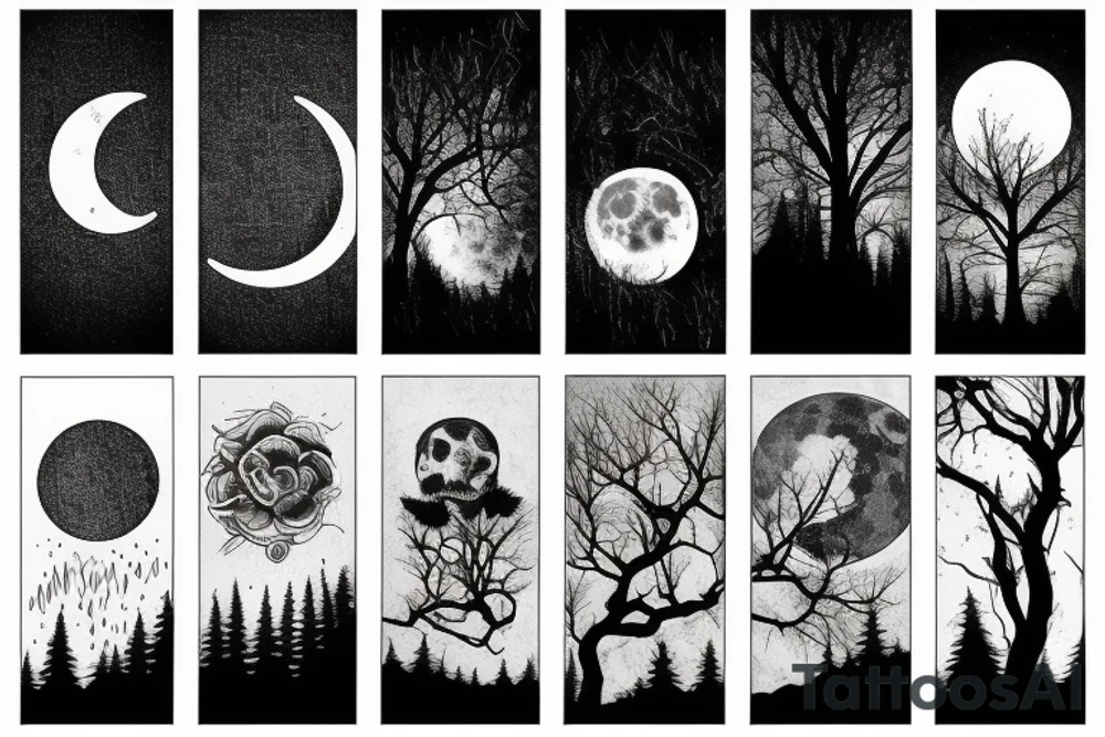 Moon, river, bonfire, natural, forest tattoo idea