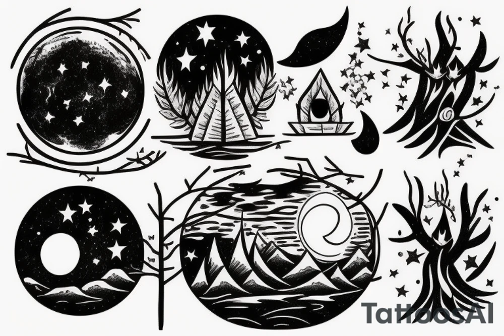 Moon, river, bonfire, forest, stars tattoo idea