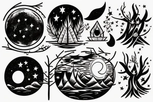 Moon, river, bonfire, forest, stars tattoo idea
