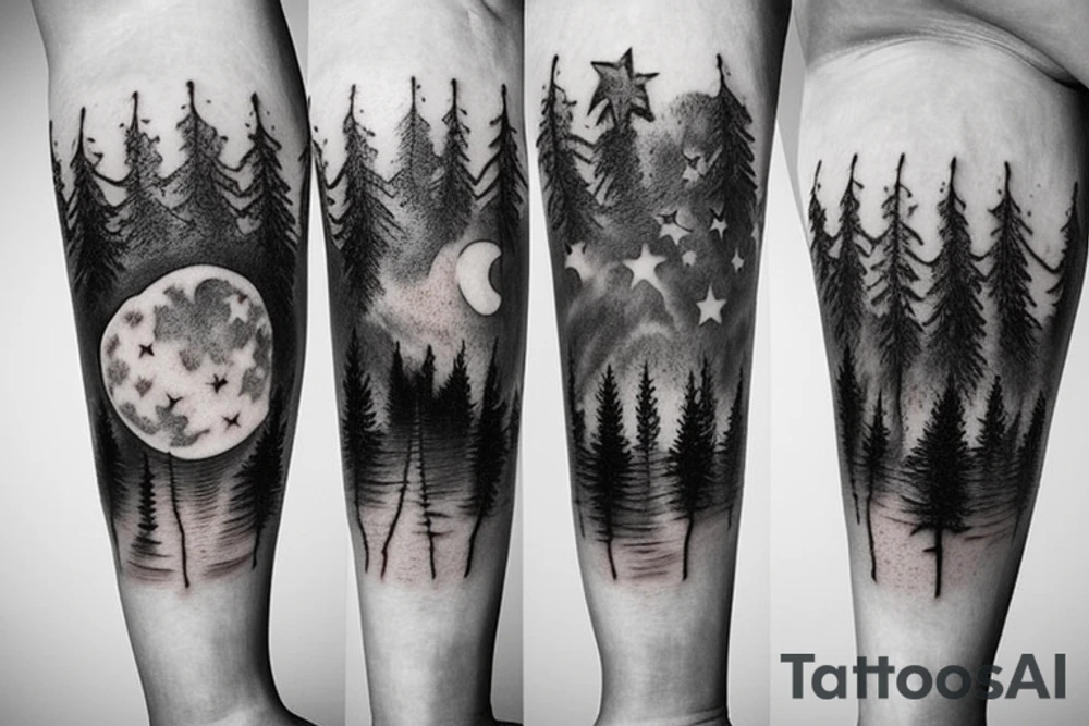 Moon, river, bonfire, forest, stars tattoo idea