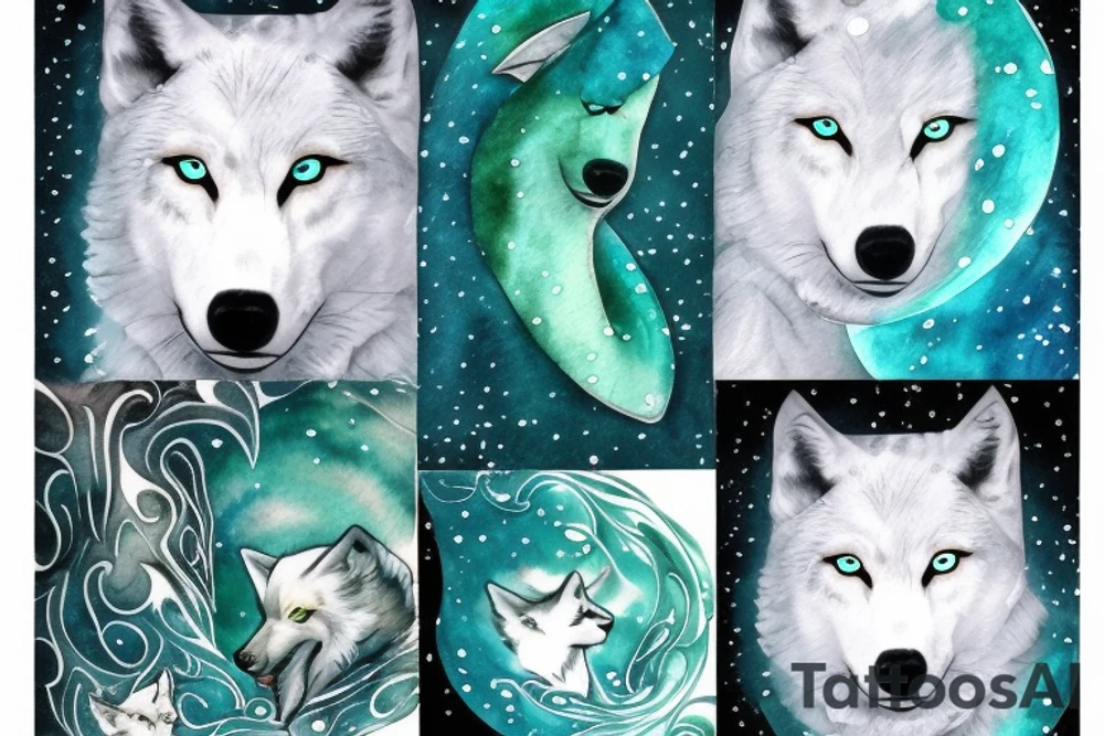White wolf with blue green eyes in the winter portal tattoo idea