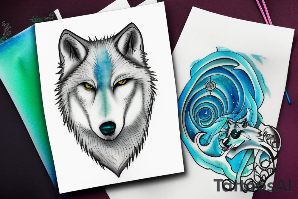 White wolf with blue green eyes in the winter portal tattoo idea